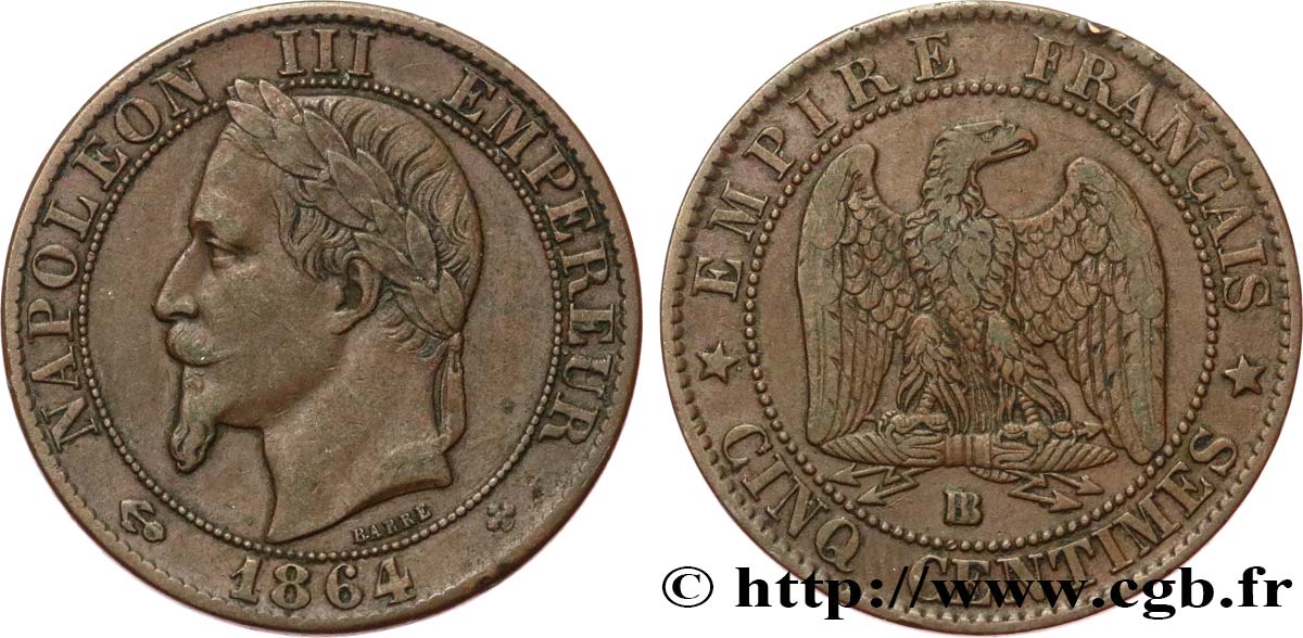 Cinq centimes Napoléon III, tête laurée 1864 Strasbourg F.117/14 VF35 