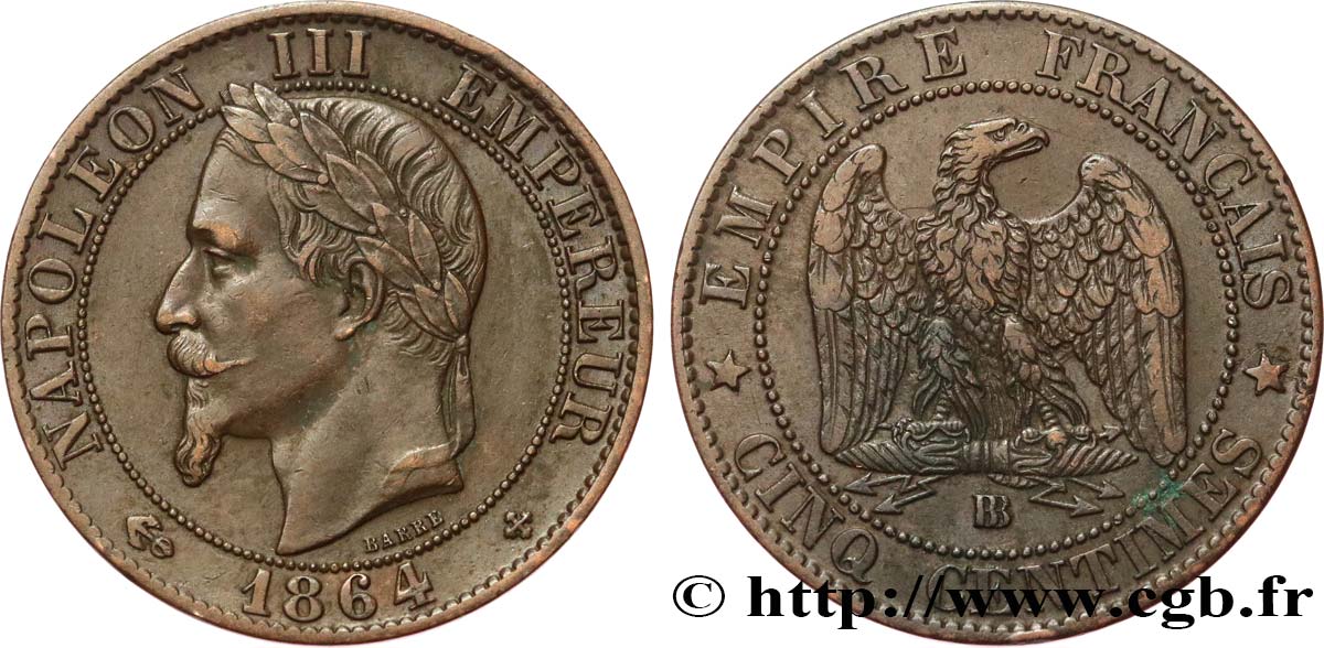 Cinq centimes Napoléon III, tête laurée 1864 Strasbourg F.117/14 MBC45 