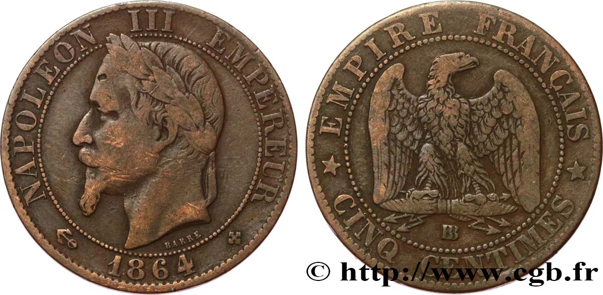 Cinq centimes Napoléon III, tête laurée 1864 Strasbourg F.117/14 TB20 