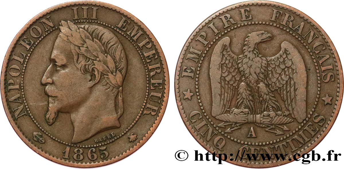 Cinq centimes Napoléon III, tête laurée 1865 Paris F.117/16 BC25 