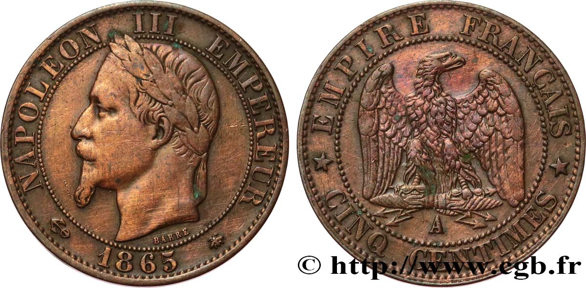 Cinq centimes Napoléon III, tête laurée 1865 Paris F.117/14 TB 