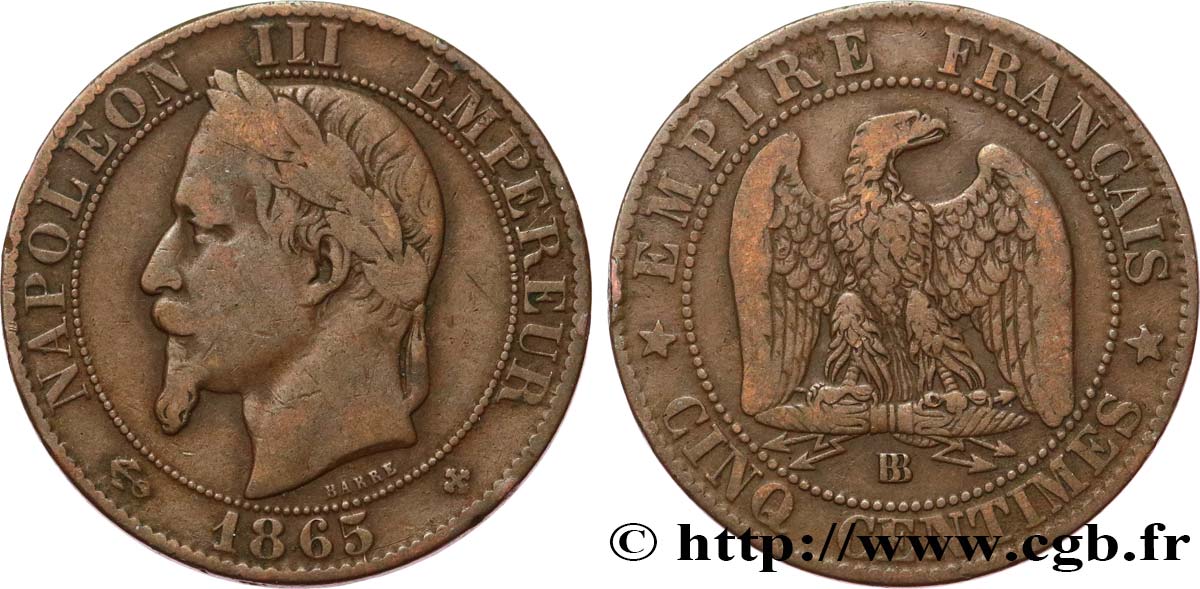 Cinq centimes Napoléon III, tête laurée 1865 Strasbourg F.117/17 TB20 