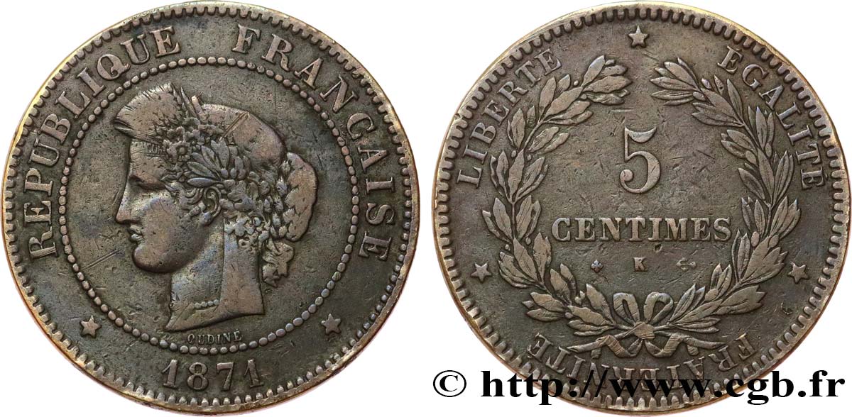 5 centimes Cérès 1871 Bordeaux F.118/3 TB20 