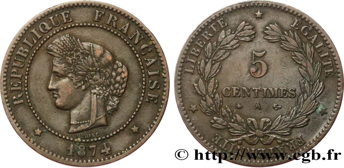 5 centimes Cérès 1874 Paris F.118/9 XF40 