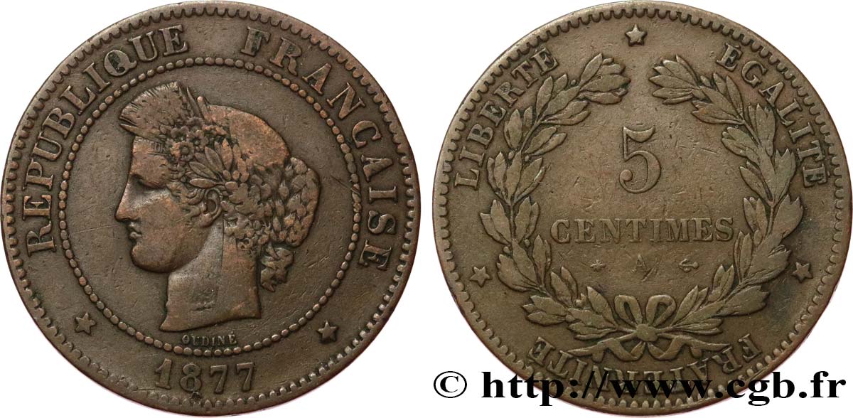 5 centimes Cérès 1877 Paris F.118/15 TB25 