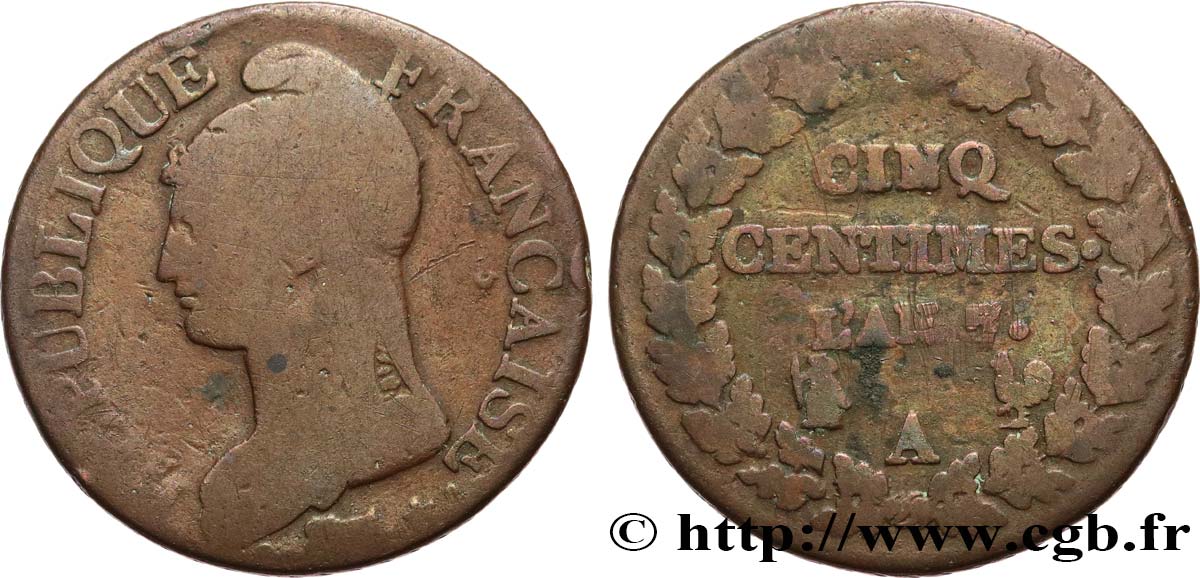 Cinq centimes Dupré, grand module 1799 Paris F.115/44 TB15 