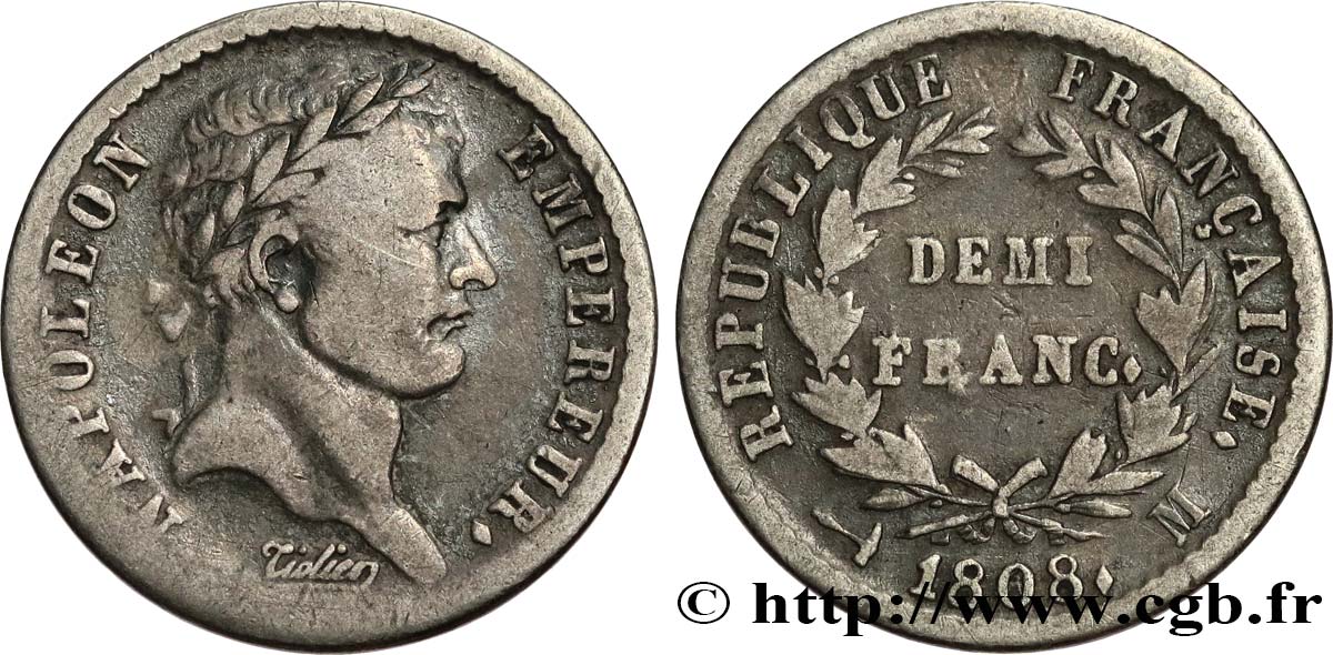 Demi-franc Napoléon Ier tête laurée, République française, buste fort 1808 Toulouse F.177/11 MB30 