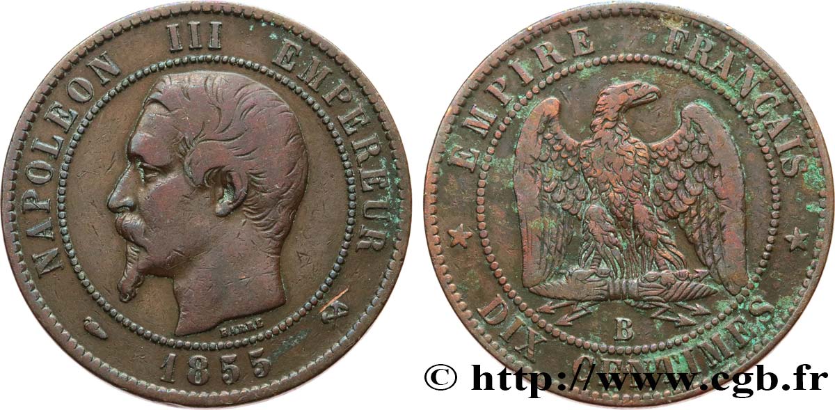 Dix centimes Napoléon III, tête nue 1855 Rouen F.133/21 TB 