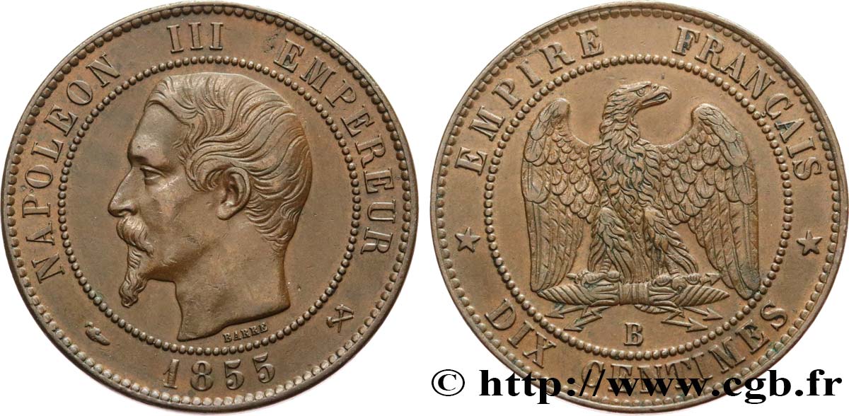 Dix centimes Napoléon III, tête nue 1855 Rouen F.133/21 AU53 