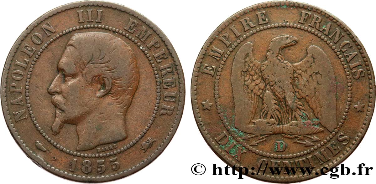 Dix centimes Napoléon III, tête nue 1855 Lyon F.133/25 S15 