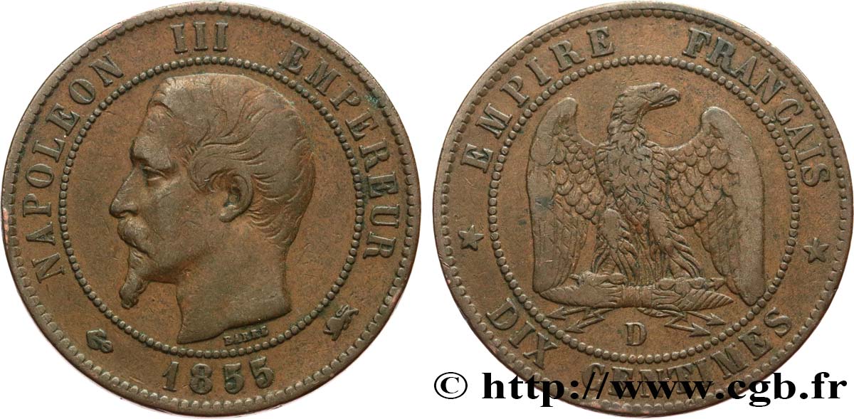 Dix centimes Napoléon III, tête nue 1855 Lyon F.133/25 VF25 