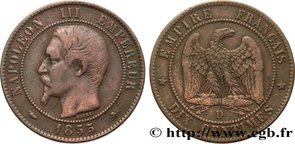 Dix centimes Napoléon III, tête nue 1855 Lyon F.133/25 TB30 