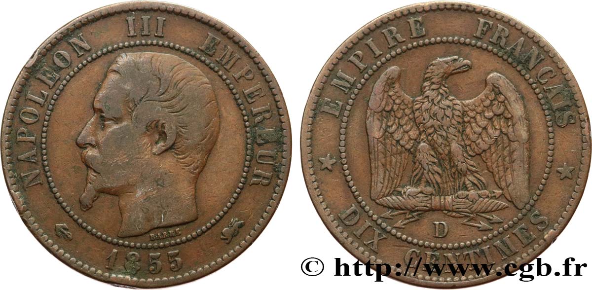 Dix centimes Napoléon III, tête nue 1855 Lyon F.133/26 VF30 