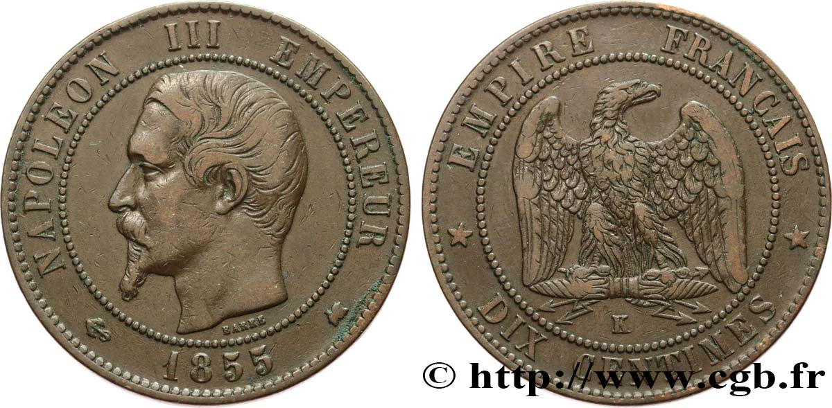 Dix centimes Napoléon III, tête nue 1855 Bordeaux F.133/29 VF35 