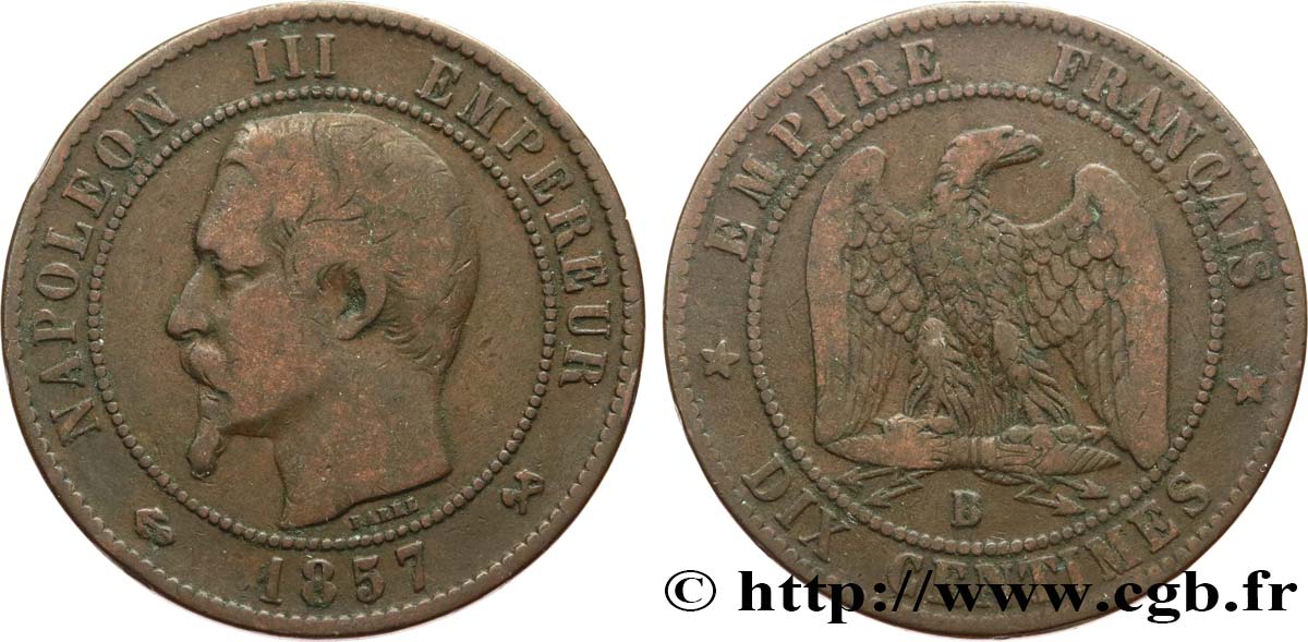 Dix centimes Napoléon III, tête nue 1857 Rouen F.133/42 VF20 