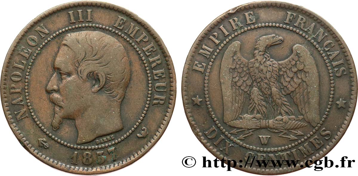 Dix centimes Napoléon III, tête nue 1857 Lille F.133/46 VF25 