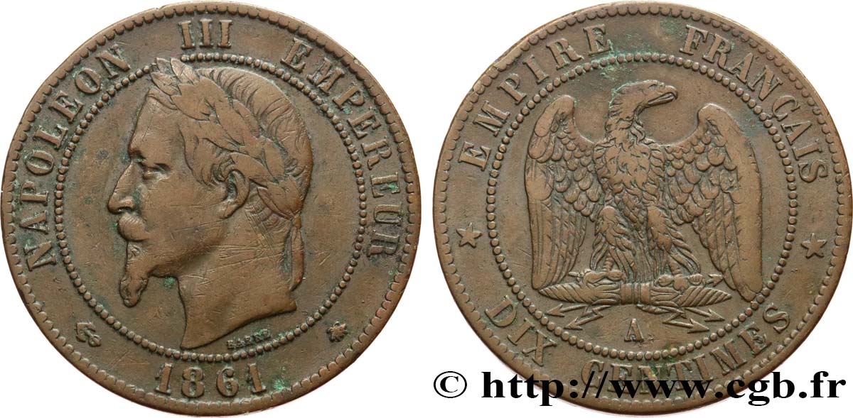 Dix centimes Napoléon III, tête laurée 1861 Paris F.134/4 TB 