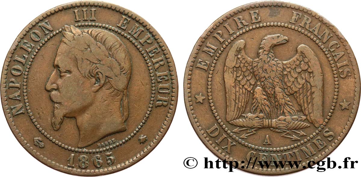 Dix centimes Napoléon III, tête laurée 1865 Paris F.134/16 MB25 