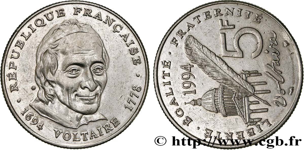 5 francs Voltaire, coins tournés 1994  F.344/2 BB 