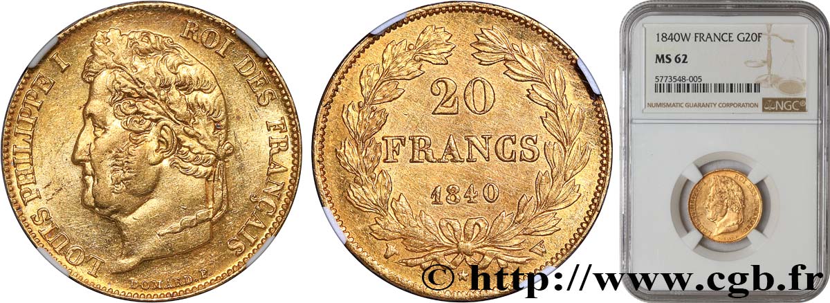 20 francs or Louis-Philippe, Domard 1840 Lille F.527/23 SUP62 NGC