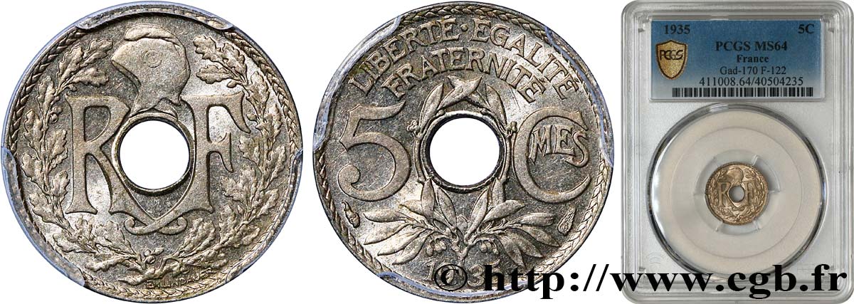5 centimes Lindauer, petit module 1935 Paris F.122/18 SPL64 PCGS