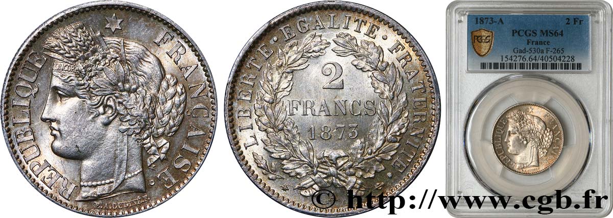 2 francs Cérès, avec légende 1873 Paris F.265/10 MS64 PCGS