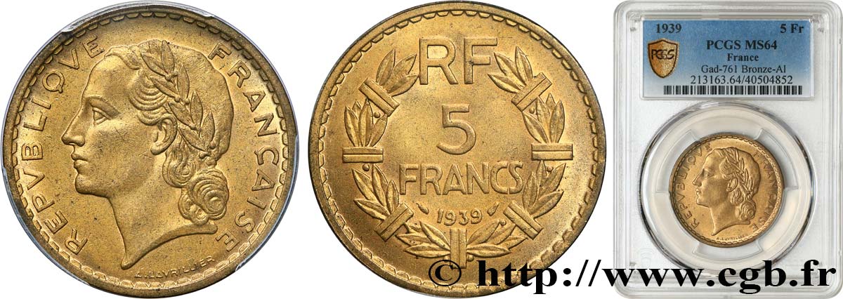 5 francs Lavrillier, bronze-aluminium 1939  F.337/3 SPL64 PCGS