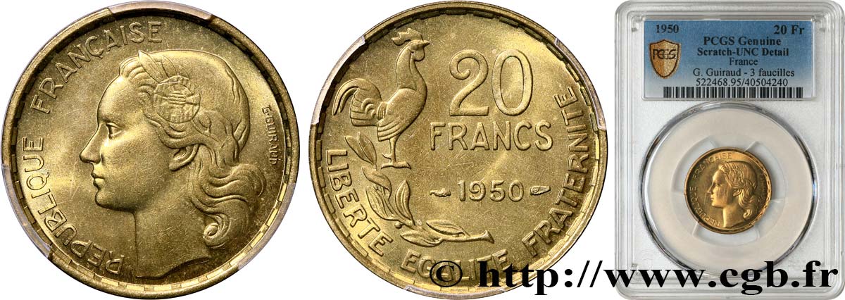 20 francs G. Guiraud, 3 faucilles 1950  F.402/2 MS PCGS