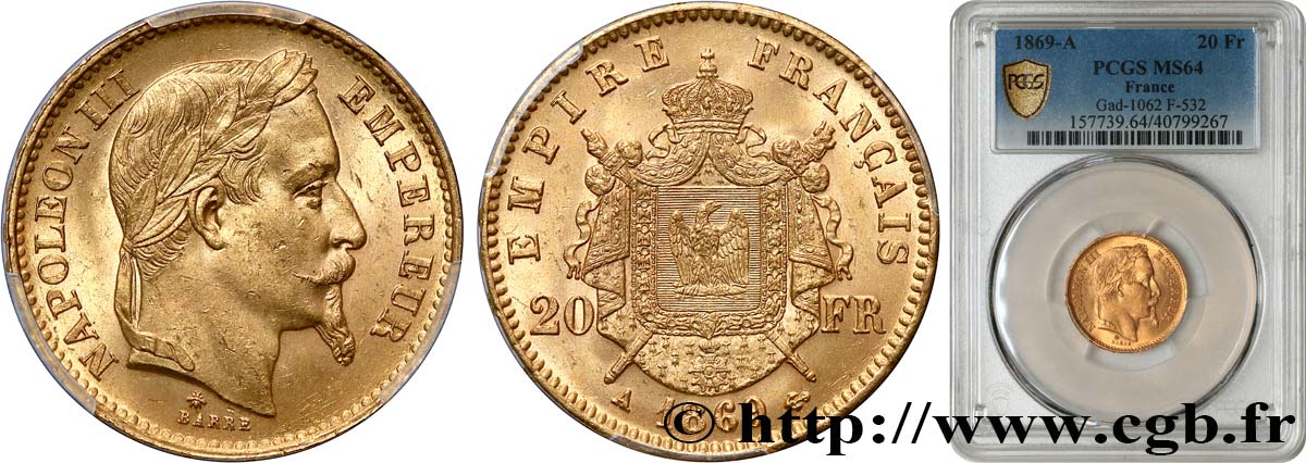 20 francs or Napoléon III, tête laurée 1869 Paris F.532/20 SPL64 PCGS