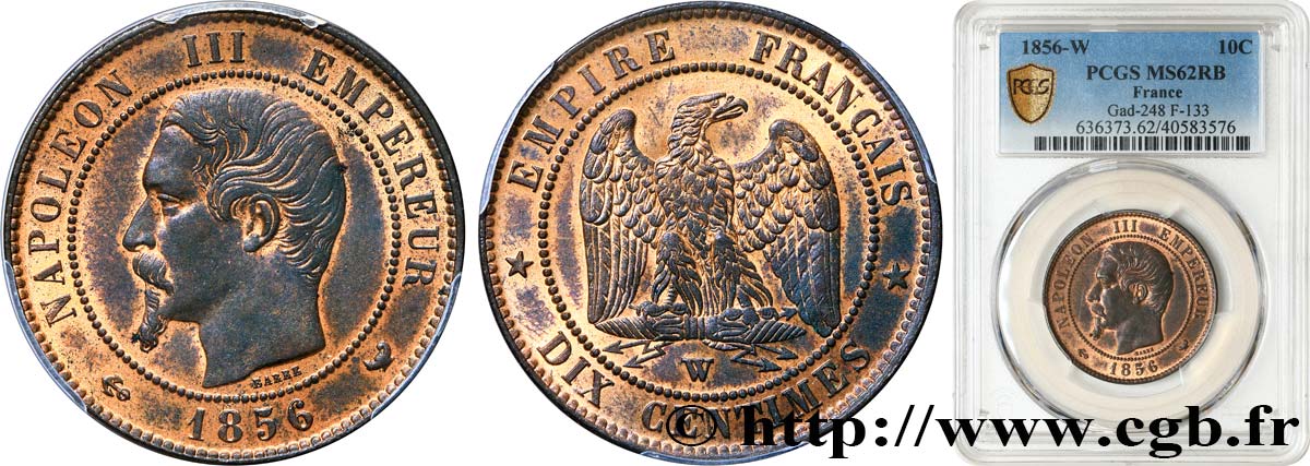 Dix centimes Napoléon III, tête nue 1856 Lille F.133/40 EBC62 PCGS