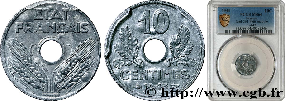 10 centimes État français, petit module 1943  F.142/2 SPL64 PCGS