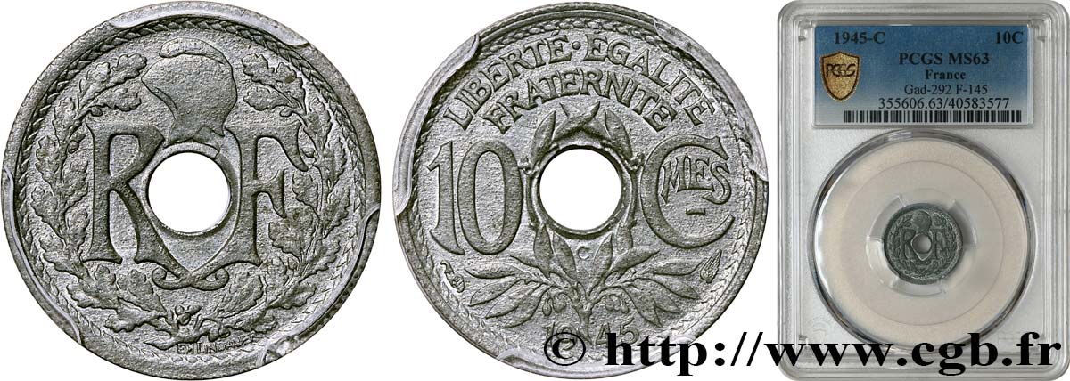 10 centimes Lindauer, petit module 1945 Castelsarrasin F.143/4 MS63 PCGS