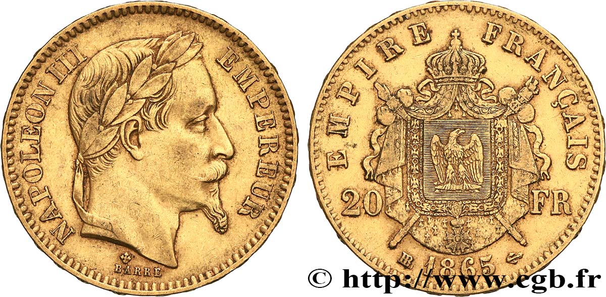 20 francs or Napoléon III, tête laurée 1865 Strasbourg F.532/12 TTB 