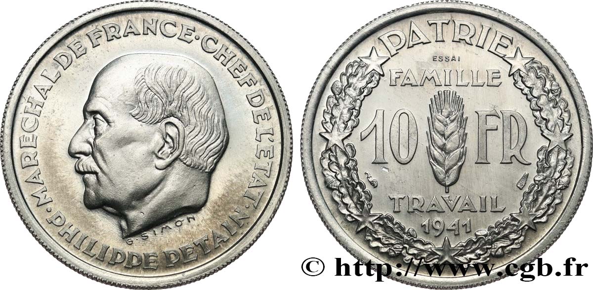 Essai de 10 francs Pétain en aluminium par Simon, poids léger (2,50 g) 1941 Paris GEM.177 1 ST65 