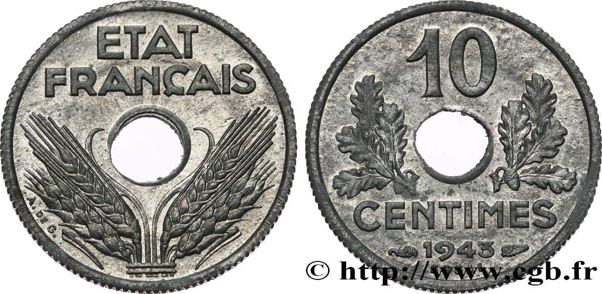 Essai de 10 centimes État français, petit module 1943 Paris F.142/1 SPL64 