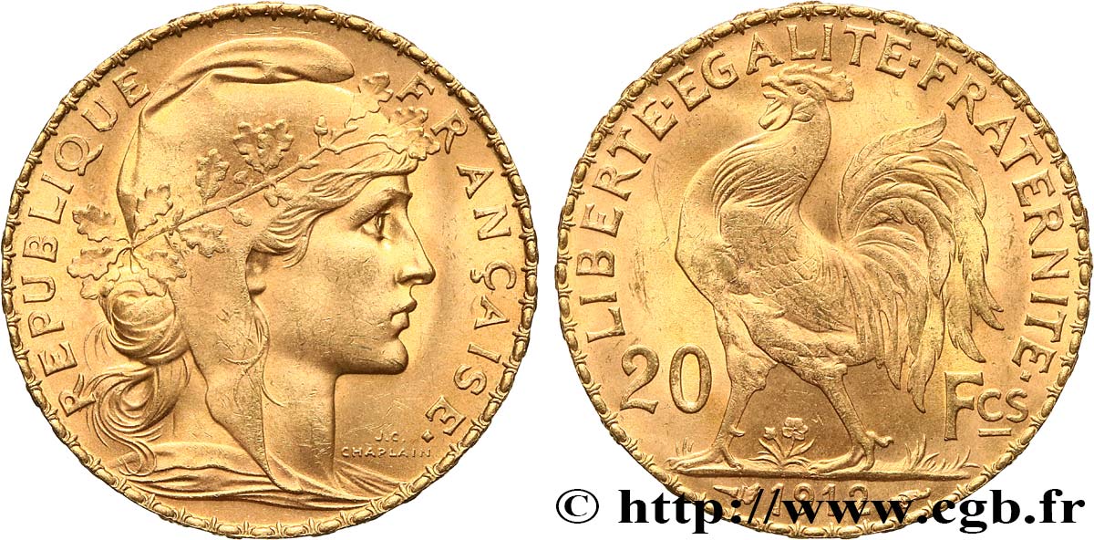 20 francs or Coq, Liberté Égalité Fraternité 1912 Paris F.535/6 SUP 