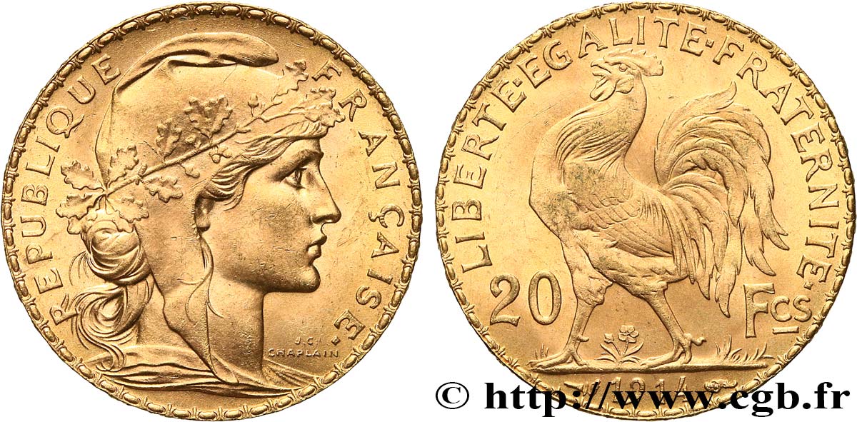 20 francs or Coq, Liberté Égalité Fraternité 1914 Paris F.535/8 AU 