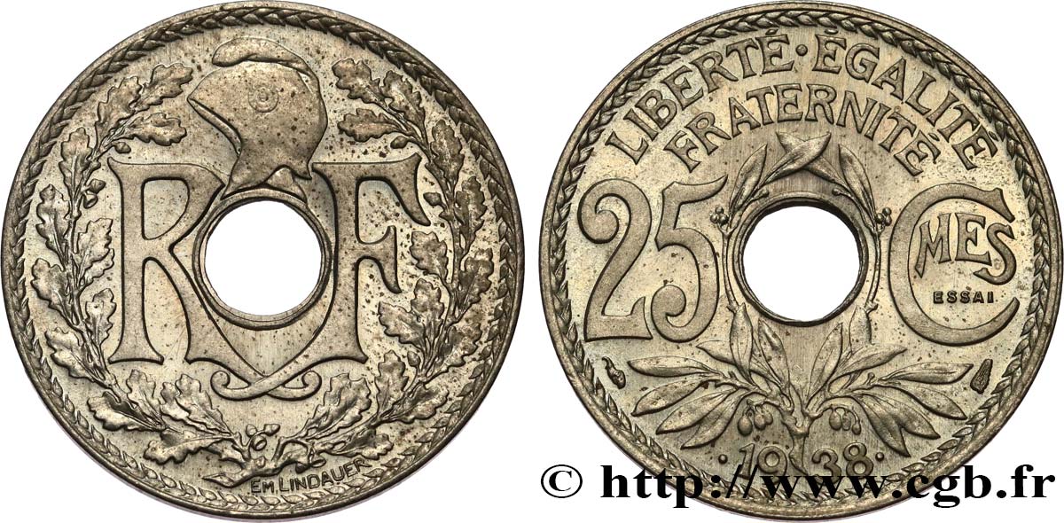 Essai de 25 centimes Lindauer, maillechort 1938 Paris F.172/1 MS64 