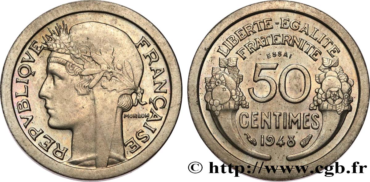 Essai léger de 50 centimes Morlon à listel large en cupro-nickel 1948 Paris GEM.88 6 fST64 