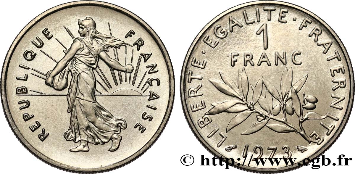 Épreuve de 1 franc Semeuse, nickel, flan non préparé, frappe en Brillant Universel 1973 Paris GEM.104 29 MS66 