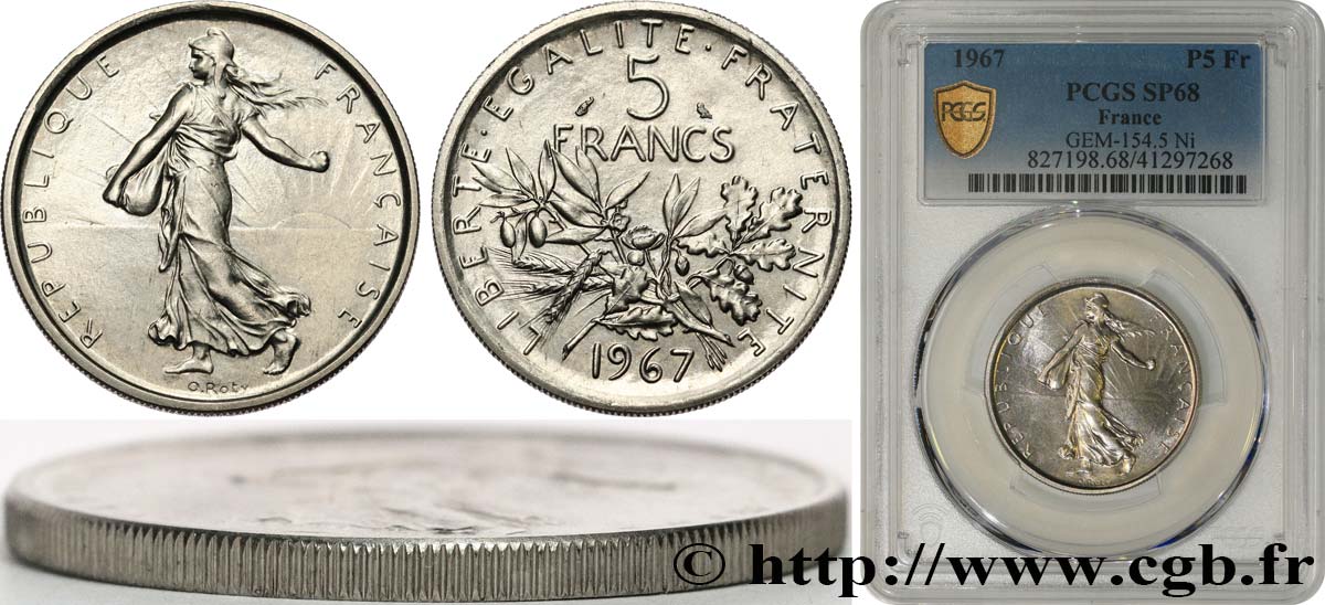 Pré-série de 5 francs Semeuse, nickel, tranche striée 1967 Paris GEM.154 5 ST68 PCGS