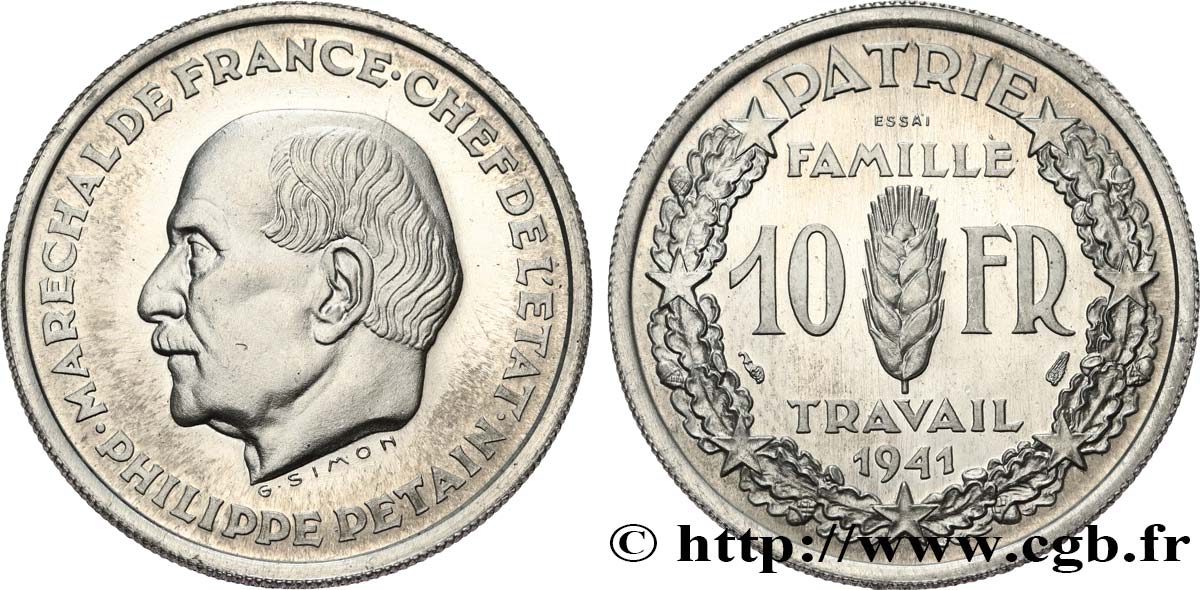 Essai de 10 francs Pétain en aluminium par Simon, poids intermédiaire (2,8 g) 1941 Paris GEM.177 3 var. FDC65 