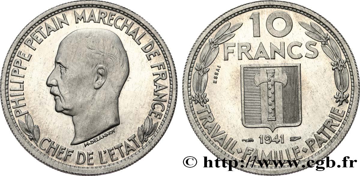 Essai de 10 francs Pétain en aluminium par Delannoy, poids très léger (2 g) 1941 Paris GEM.175 1 var. AU+ 