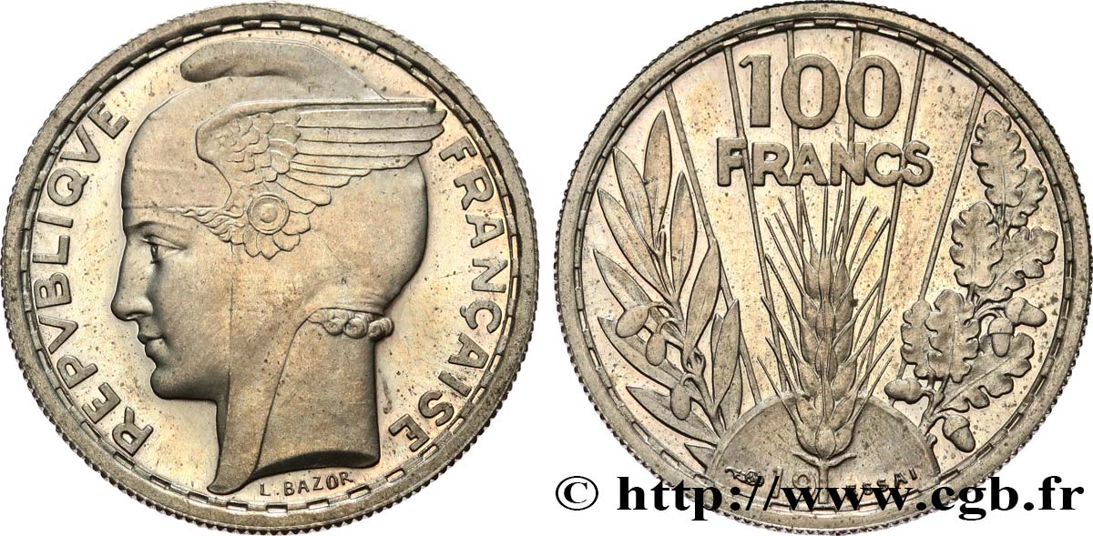 Essai de 100 Francs Bazor en cupro-nickel, Flan Bruni, préparation de la 5 Francs Pétain 19-- Paris GEM.290 1 MS 