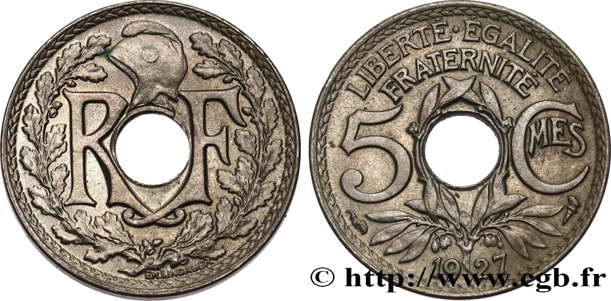 5 centimes Lindauer, petit module 1927  F.122/12 AU55 