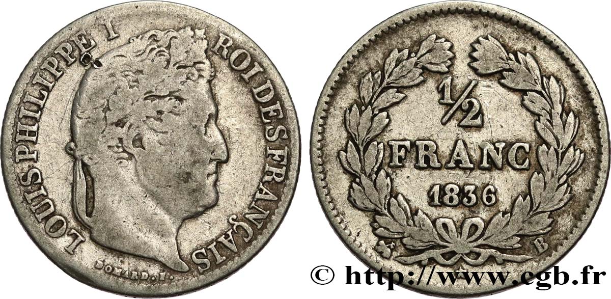 1/2 franc Louis-Philippe 1836 Rouen F.182/63 B+ 