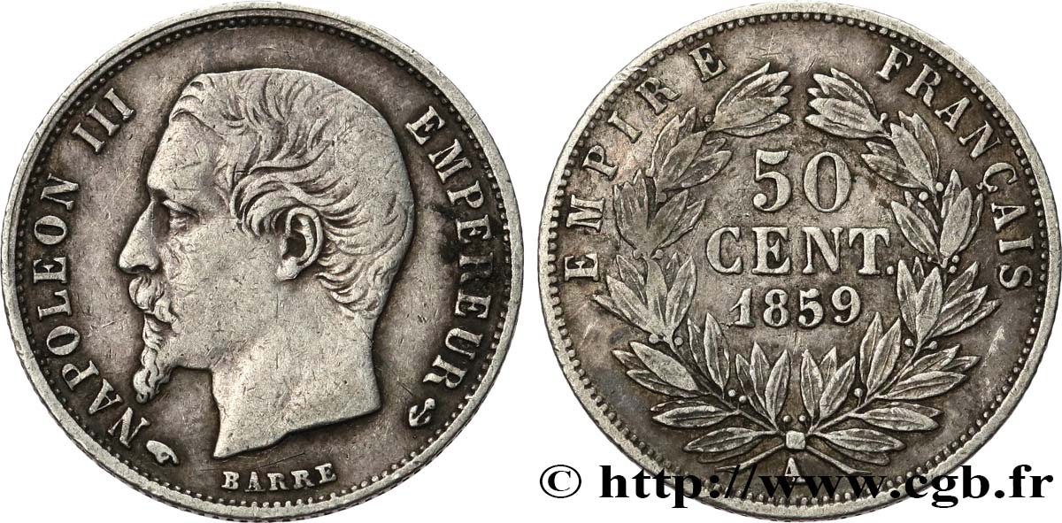 50 centimes Napoléon III, tête nue 1859 Paris F.187/10 TB+ 
