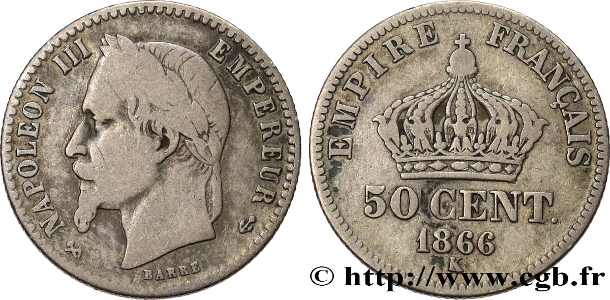 50 centimes Napoléon III, tête laurée 1866 Bordeaux F.188/11 F15 