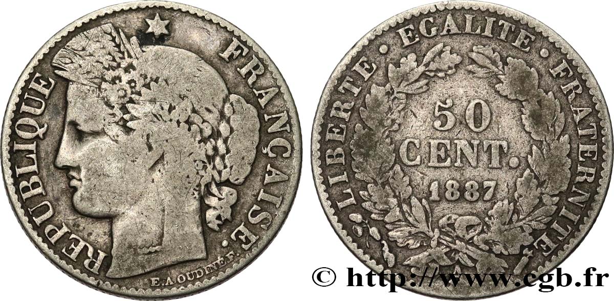 50 centimes Cérès, Troisième République 1887 Paris F.189/12 F15 
