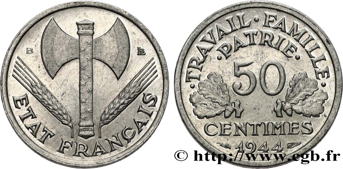 50 centimes Francisque, légère 1944 Beaumont-Le-Roger F.196/5 TTB53 